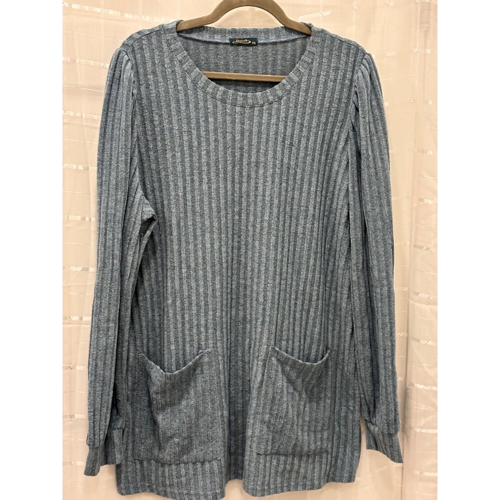 Ofeefan Blue Ribbed Knit Long Sleeve Tunic Top with Pockets XXL
